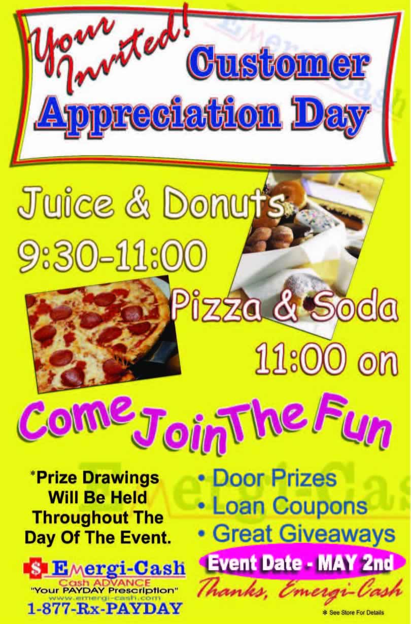 Customer Appreciation Day flyer, Emergi-Cash Wetumpka, May 2, 2014